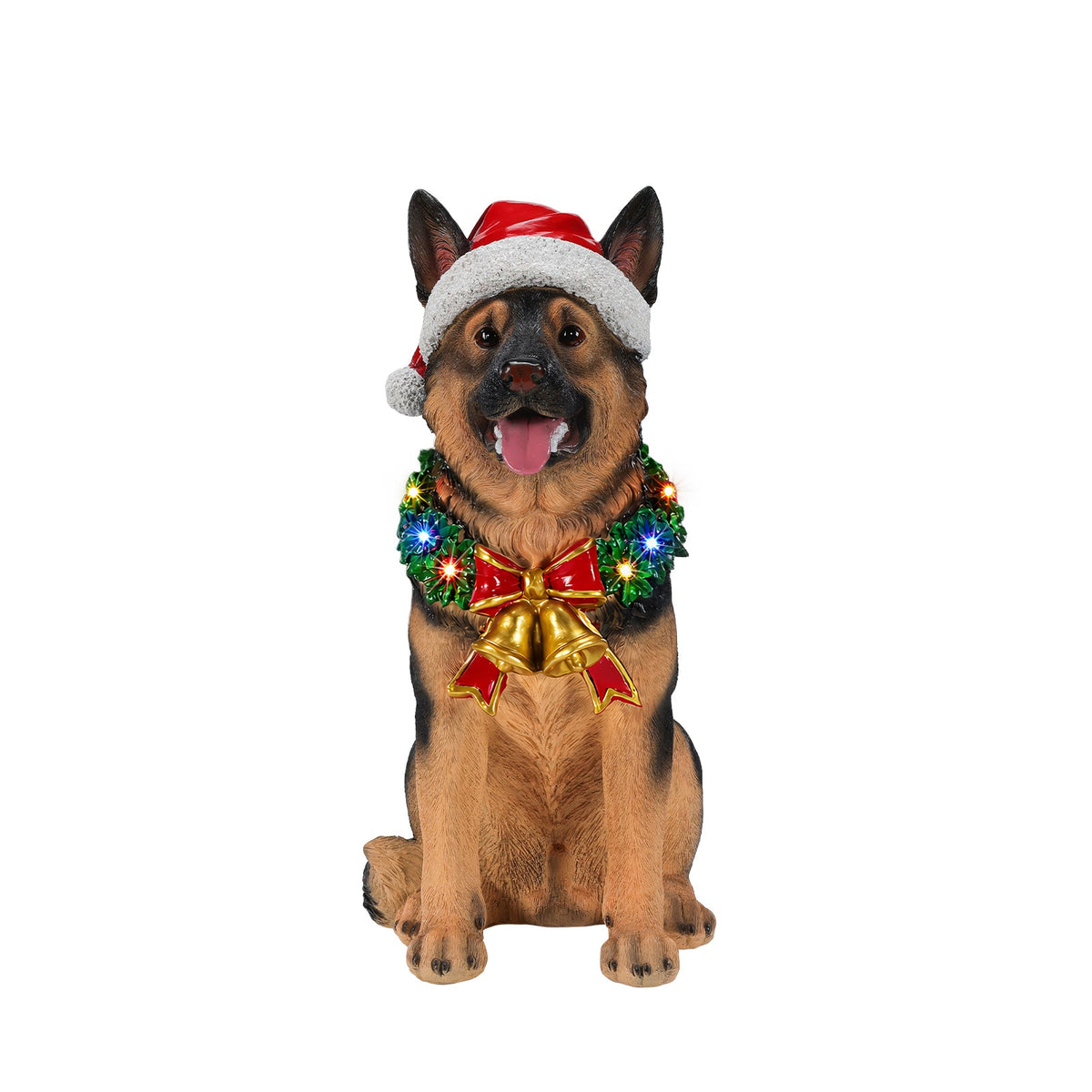 Lighted Christmas German Shepherd Dog Statue, Santa Hat Puppy Figurine with LED Wreath and Bells, photo 6 of 10