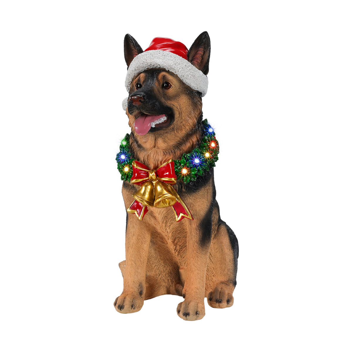 Lighted Christmas German Shepherd Dog Statue, Santa Hat Puppy Figurine with LED Wreath and Bells, photo 7 of 10