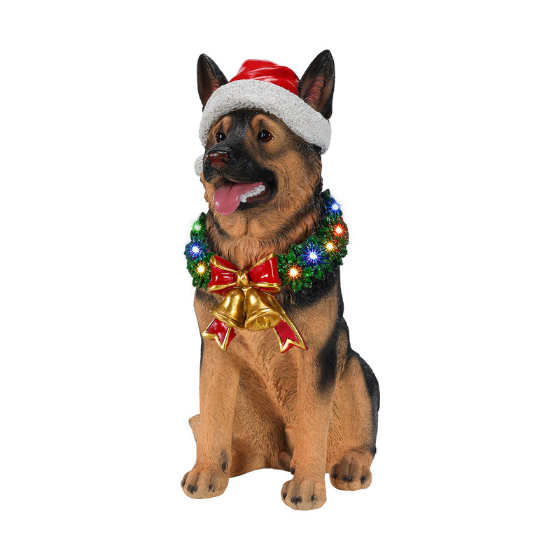Lighted Christmas German Shepherd Dog Statue, Santa Hat Puppy Figurine with LED Wreath and Bells, photo 7 of 10