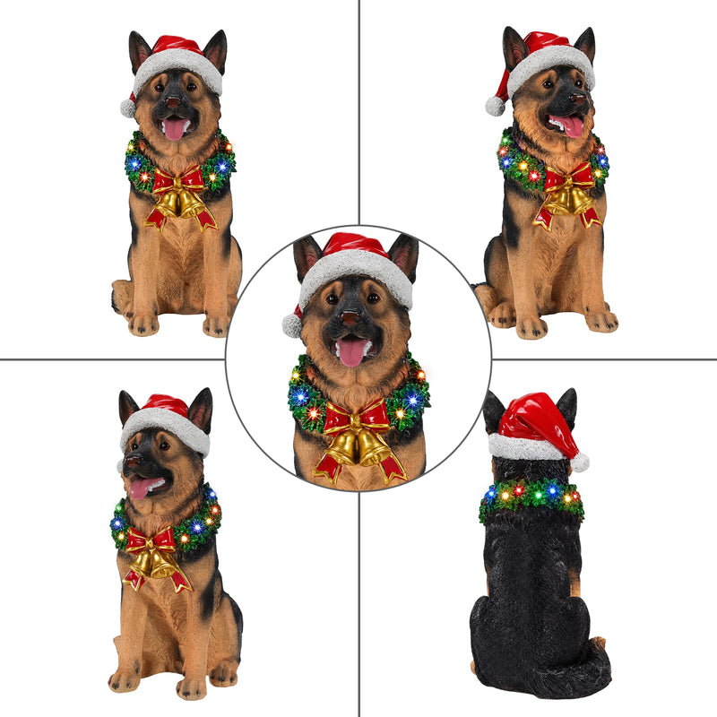 Lighted Christmas German Shepherd Dog Statue, Santa Hat Puppy Figurine with LED Wreath and Bells, photo 8 of 10