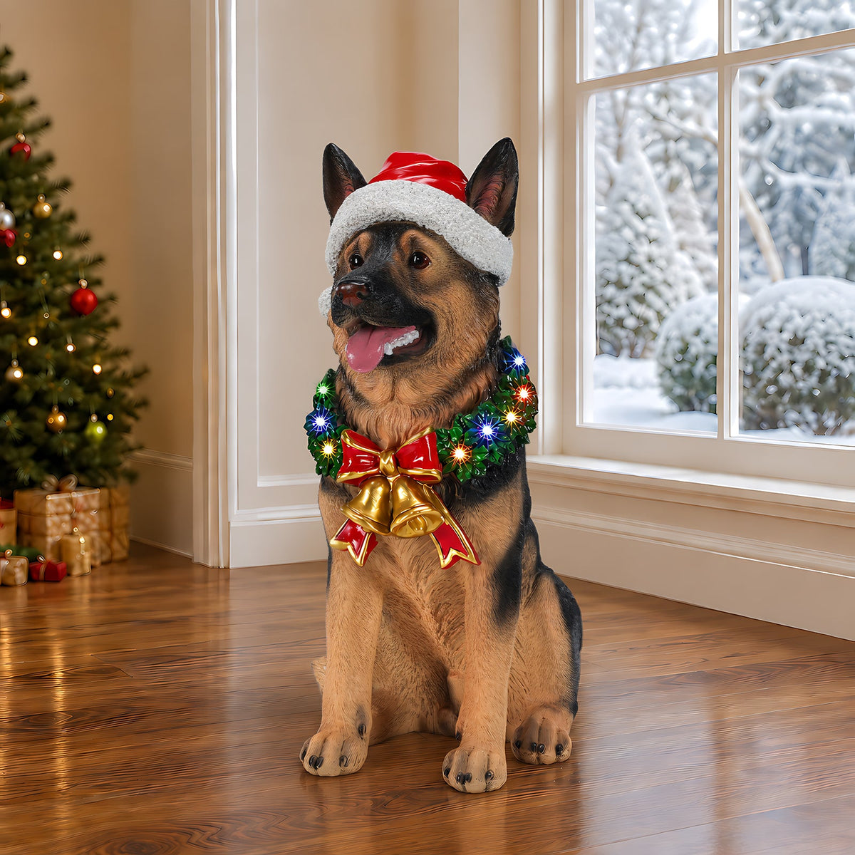 Lighted Christmas German Shepherd Dog Statue, Santa Hat Puppy Figurine with LED Wreath and Bells, photo 9 of 10