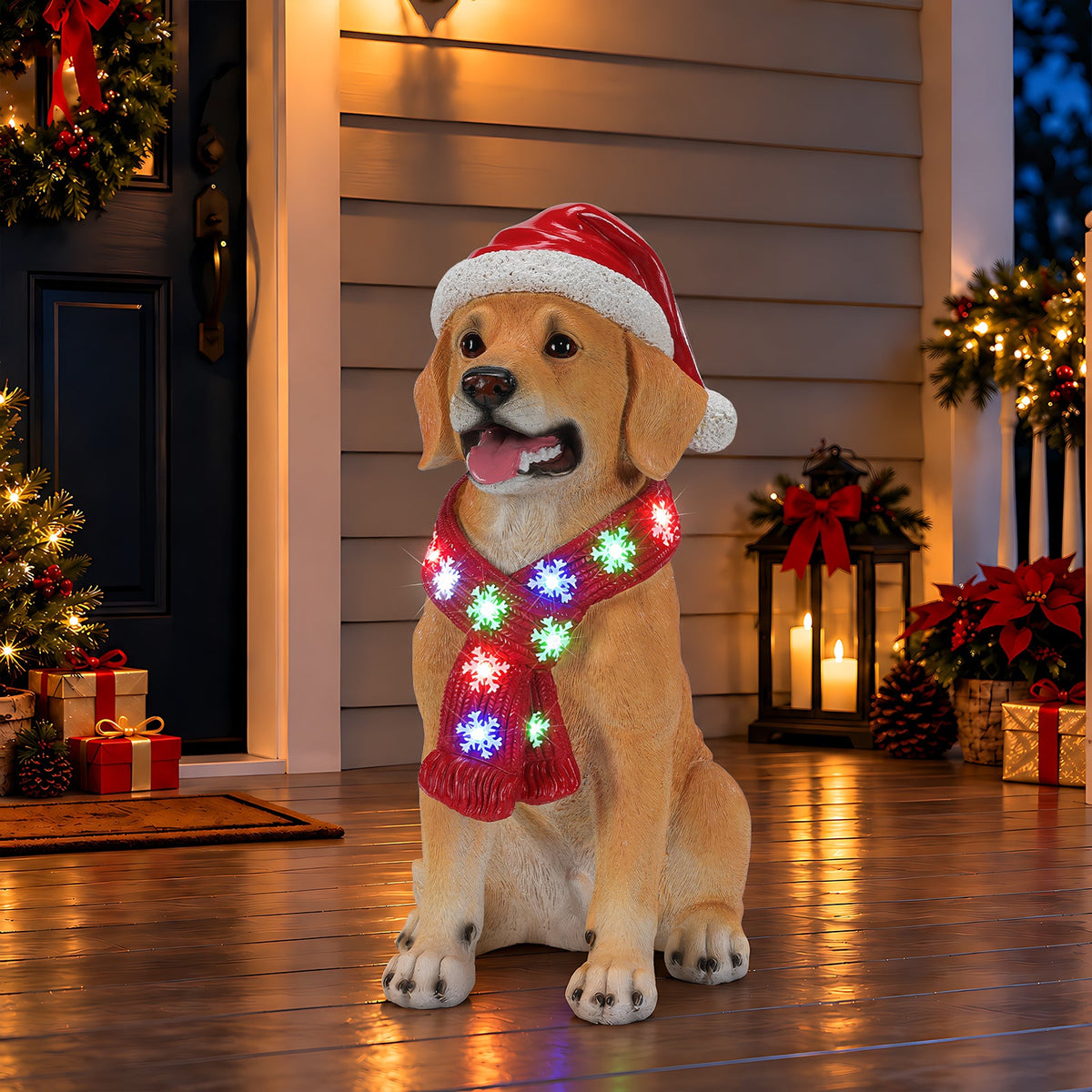 Lighted Christmas Golden Retriever Dog Statue with LED Scarf, 19.7-Inch, Beige