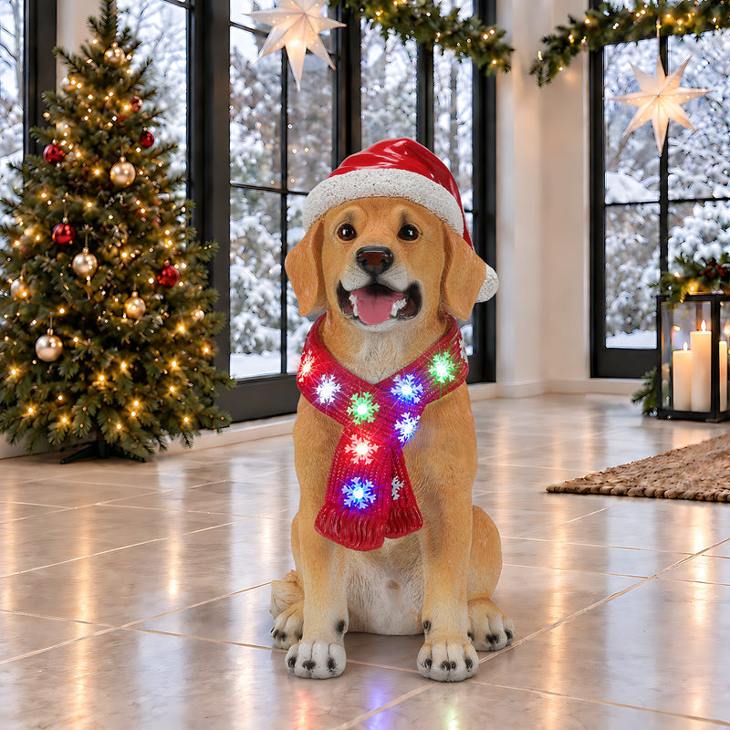 Lighted Christmas Golden Retriever Dog Statue with LED Scarf, 19.7-Inch, Beige, photo 2 of 10
