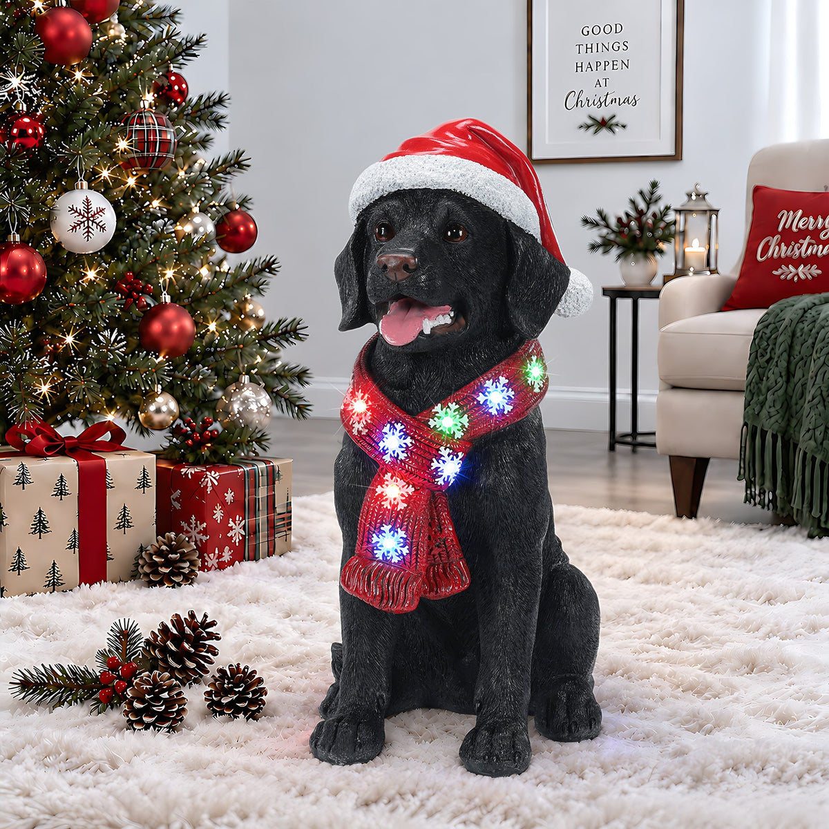 Lighted Christmas Golden Retriever Dog Statue, Santa Hat Puppy Figurine with LED Scarf, photo 2 of 10