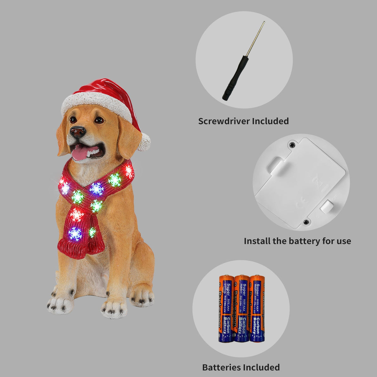 Lighted Christmas Golden Retriever Dog Statue with LED Scarf, 19.7-Inch, Beige, photo 4 of 10