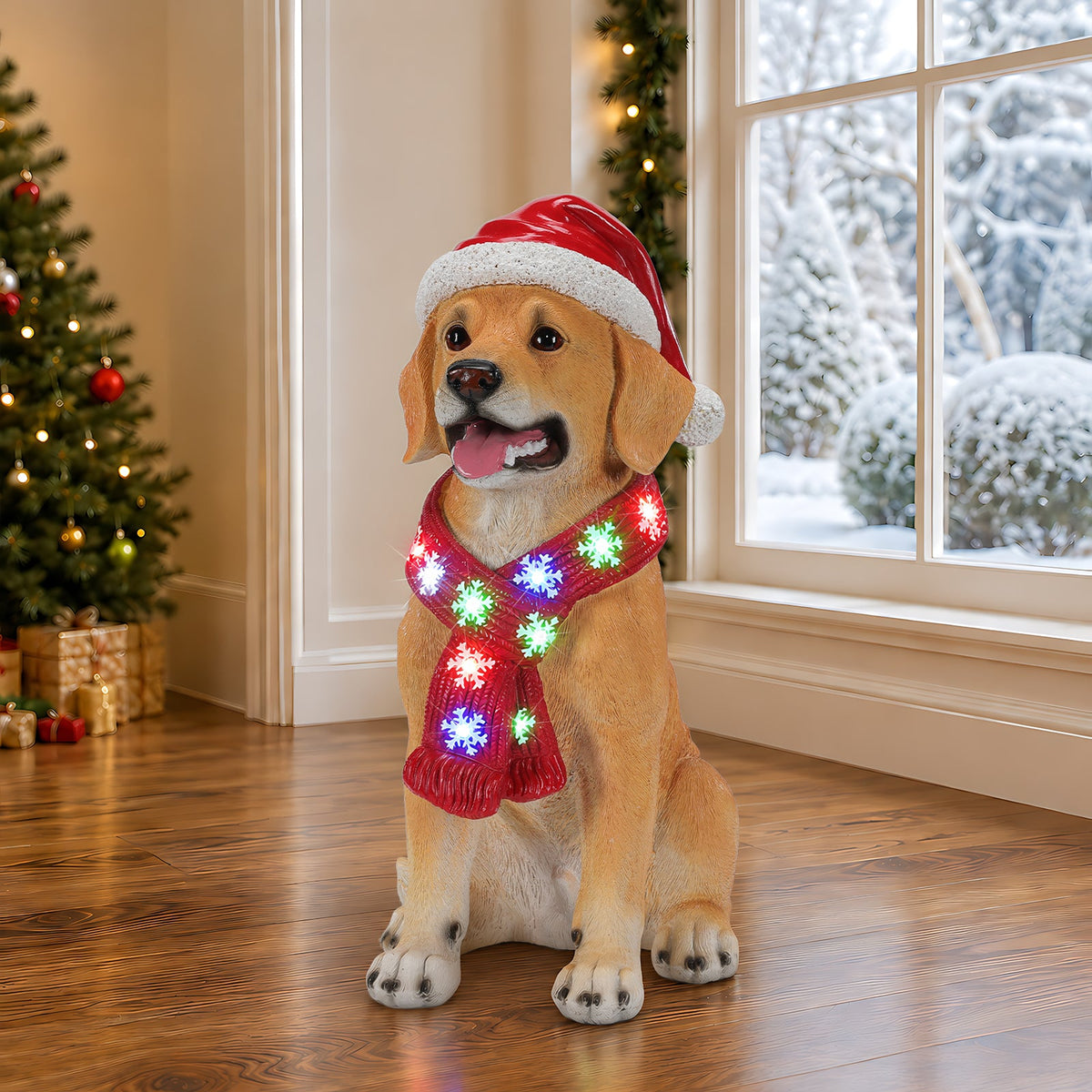 Lighted Christmas Golden Retriever Dog Statue with LED Scarf, 19.7-Inch, Beige, photo 9 of 10