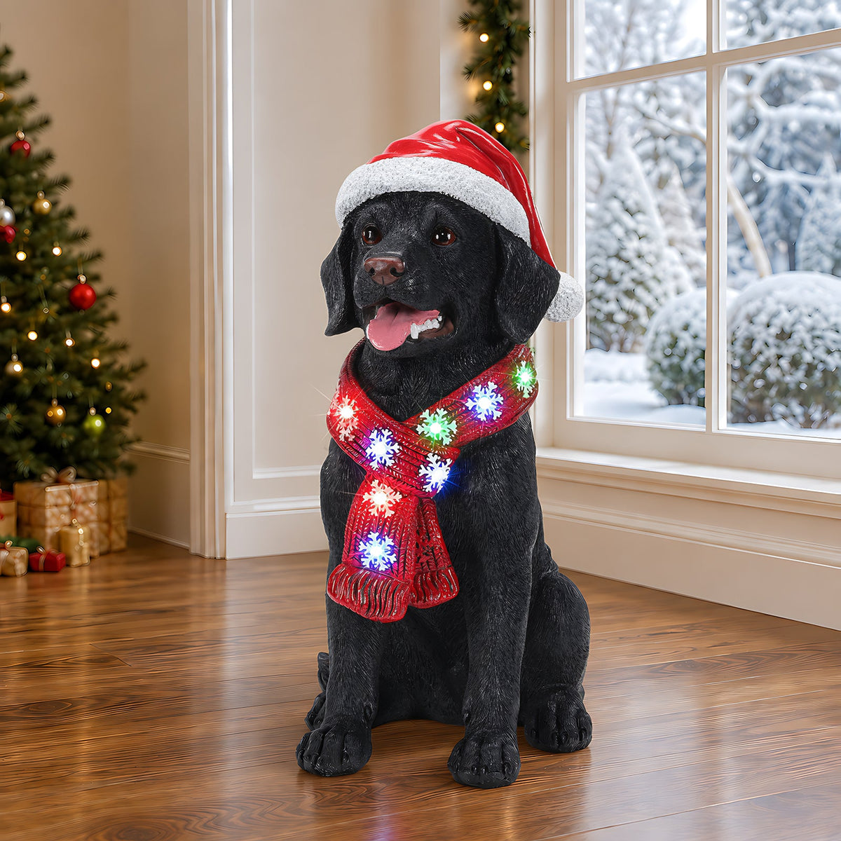 Lighted Christmas Golden Retriever Dog Statue, Santa Hat Puppy Figurine with LED Scarf, photo 9 of 10