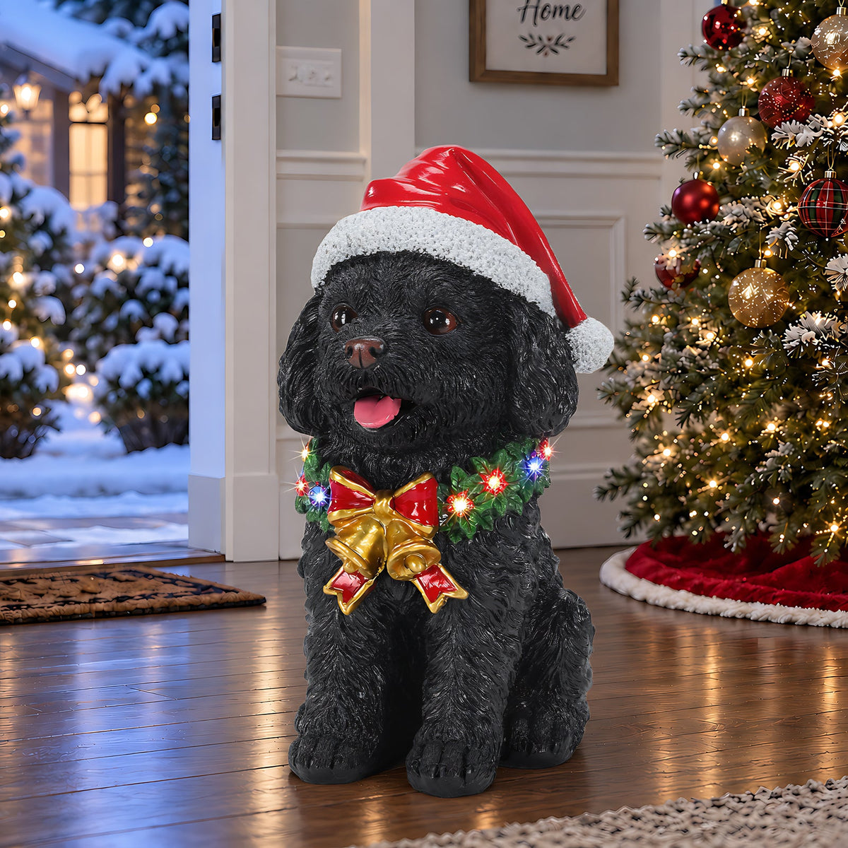 Lighted Christmas Teddy Poodle Dog Statue, Santa Hat Puppy Figurine with Wreath and Bow, photo 10 of 10