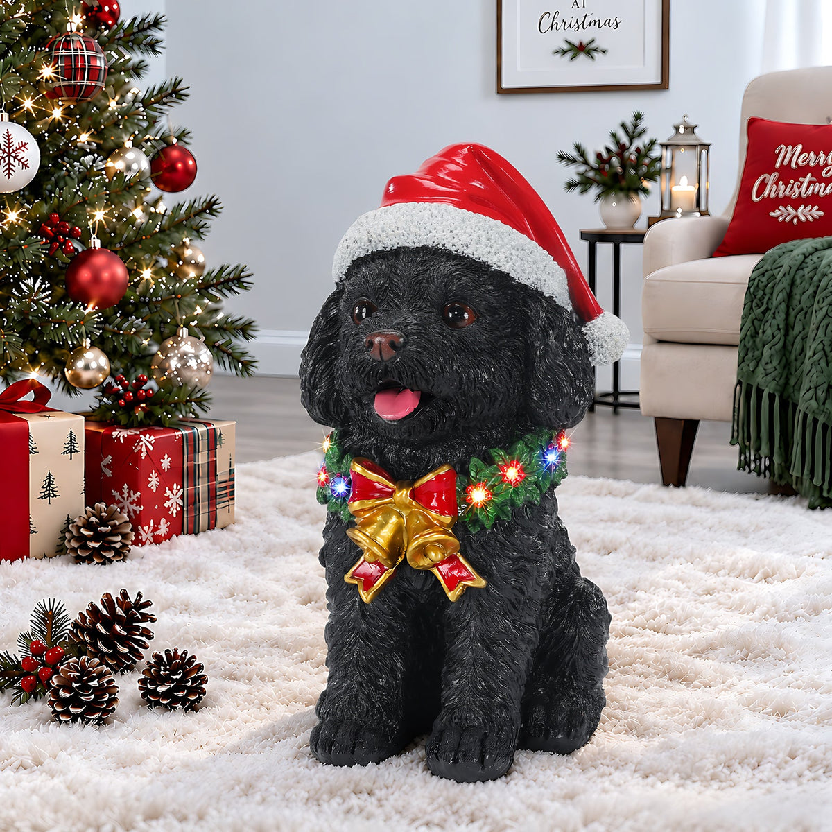 Lighted Christmas Teddy Poodle Dog Statue, Santa Hat Puppy Figurine with Wreath and Bow, photo 2 of 10