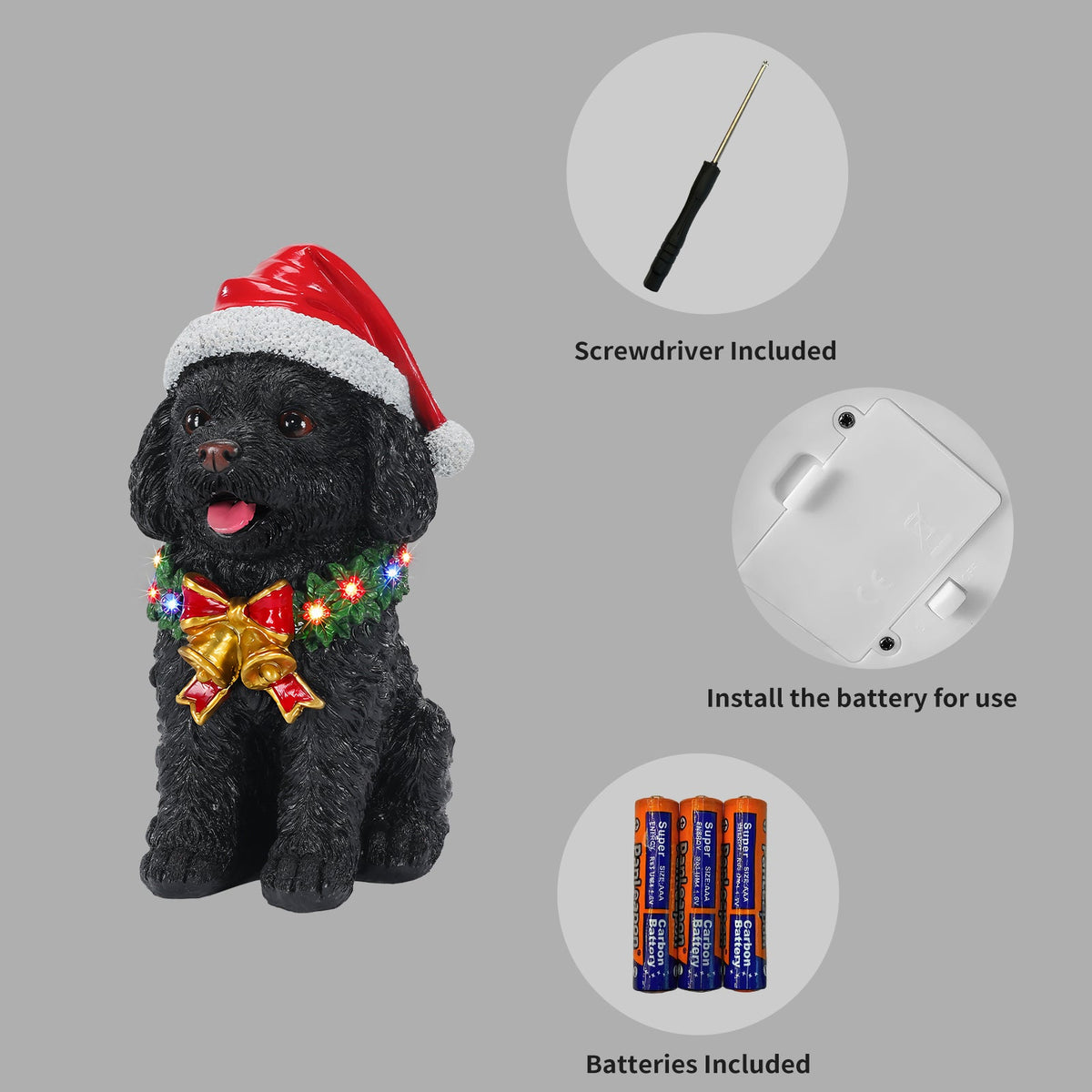 Lighted Christmas Teddy Poodle Dog Statue, Santa Hat Puppy Figurine with Wreath and Bow, photo 4 of 10