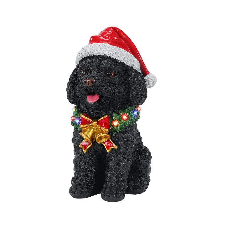 Lighted Christmas Teddy Poodle Dog Statue, Santa Hat Puppy Figurine with Wreath and Bow, photo 5 of 10