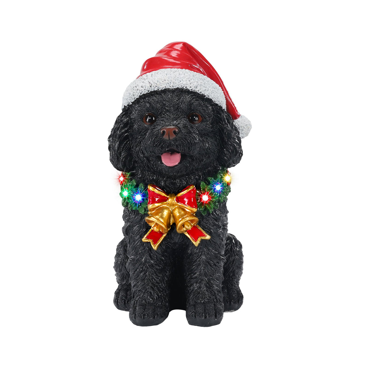 Lighted Christmas Teddy Poodle Dog Statue, Santa Hat Puppy Figurine with Wreath and Bow, photo 6 of 10
