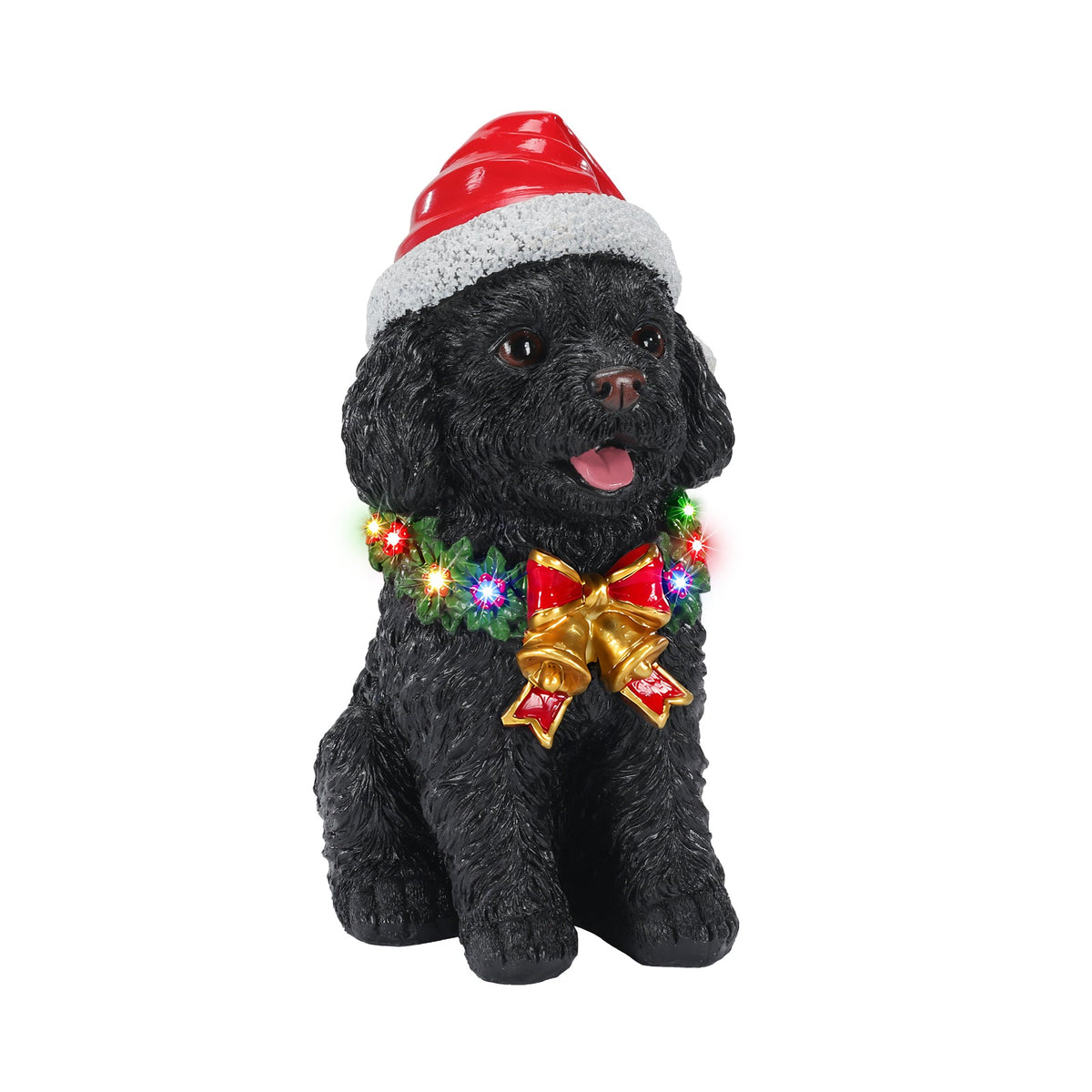Lighted Christmas Teddy Poodle Dog Statue, Santa Hat Puppy Figurine with Wreath and Bow, photo 7 of 10