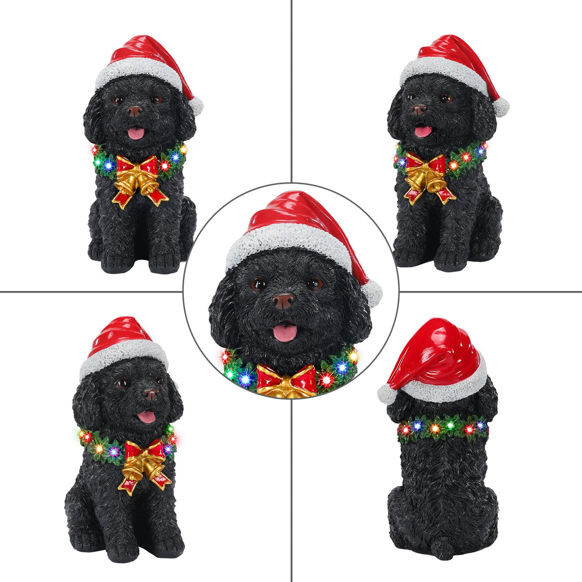 Lighted Christmas Teddy Poodle Dog Statue, Santa Hat Puppy Figurine with Wreath and Bow, photo 8 of 10
