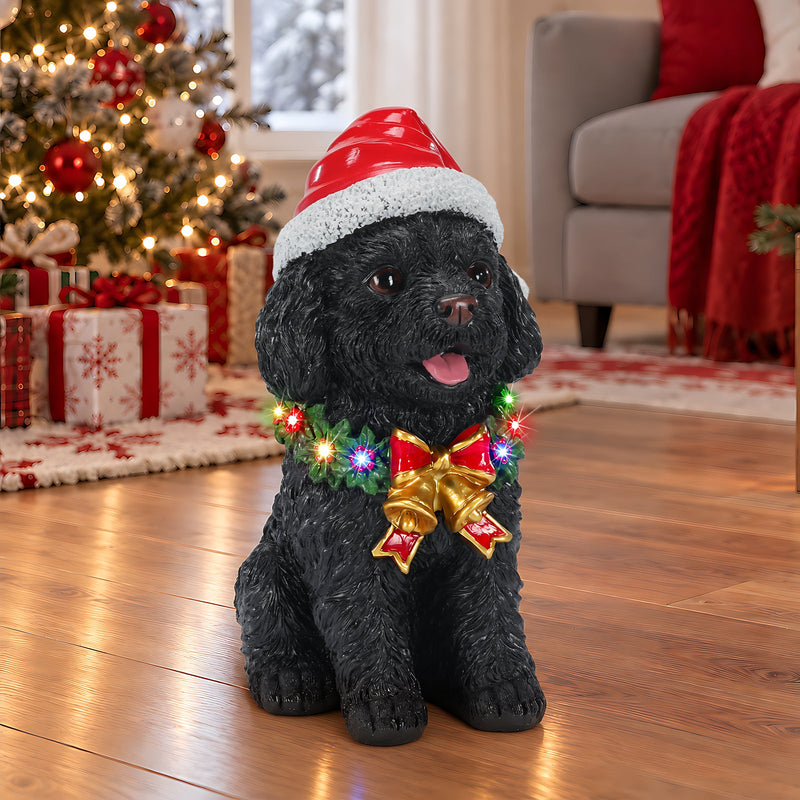 Lighted Christmas Teddy Poodle Dog Statue, Santa Hat Puppy Figurine with Wreath and Bow, photo 9 of 10