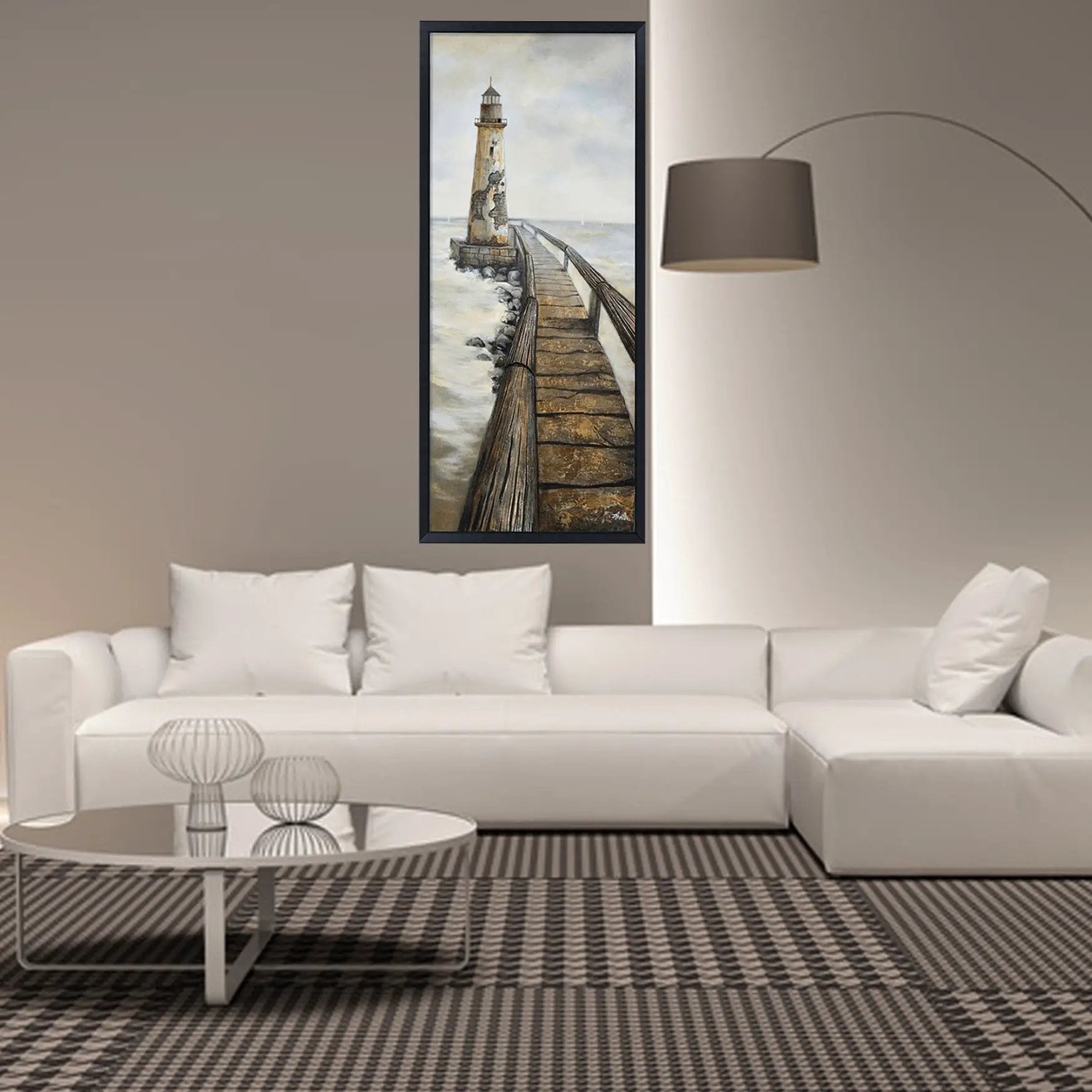 Hand Painted Acrylic Wall Art Vintage Light House 32 x 71 Rectangular Canvas with a Black Wooden Frame by Sharicks