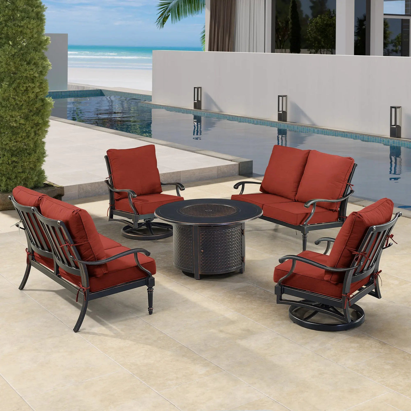 Black Aluminum Fire Table Set with Two Loveseats and Two Club Chairs by Sharicks