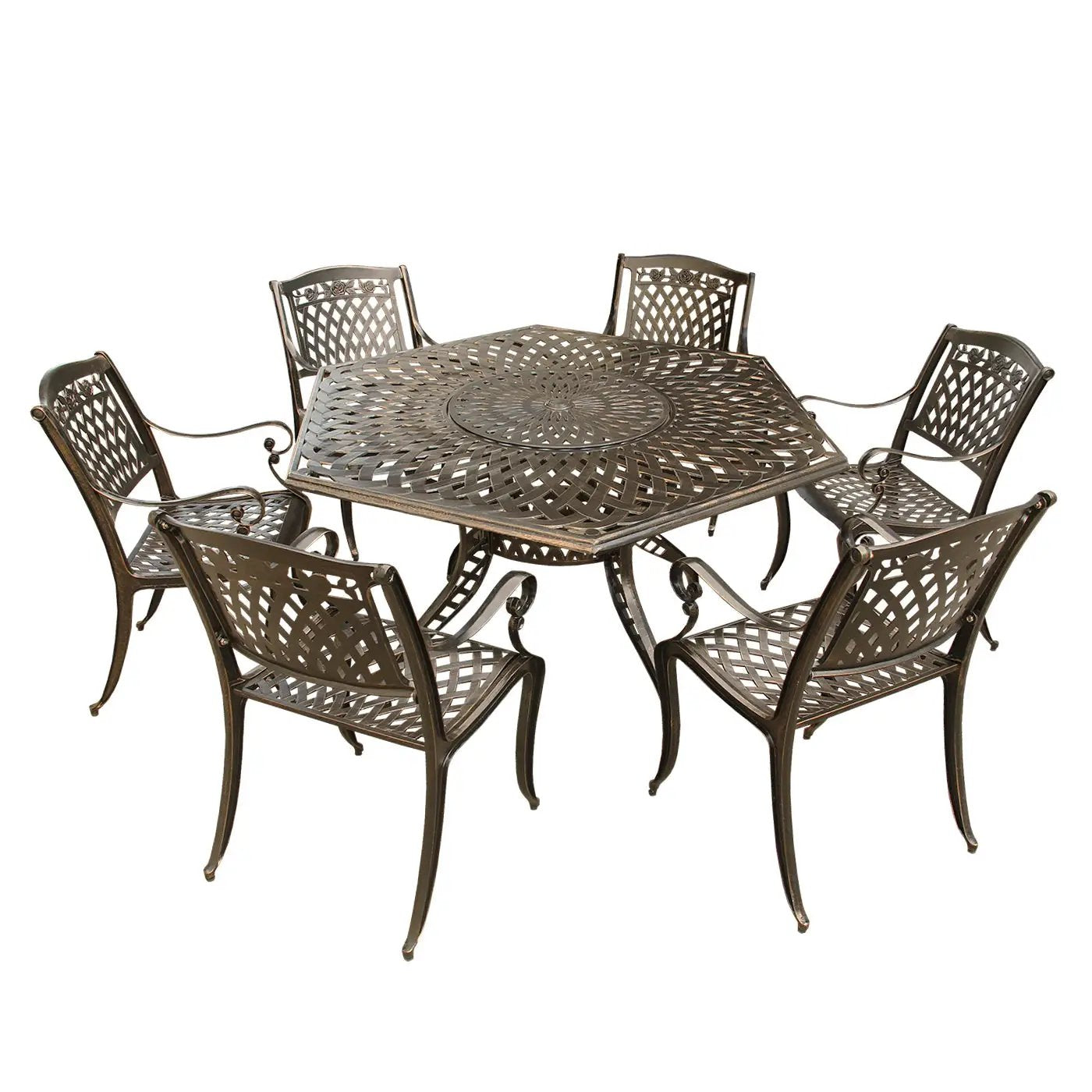 Aluminum 7pc Hexagon Rose Patio Dining Set, Lazy Susan, Six Chairs by Sharicks