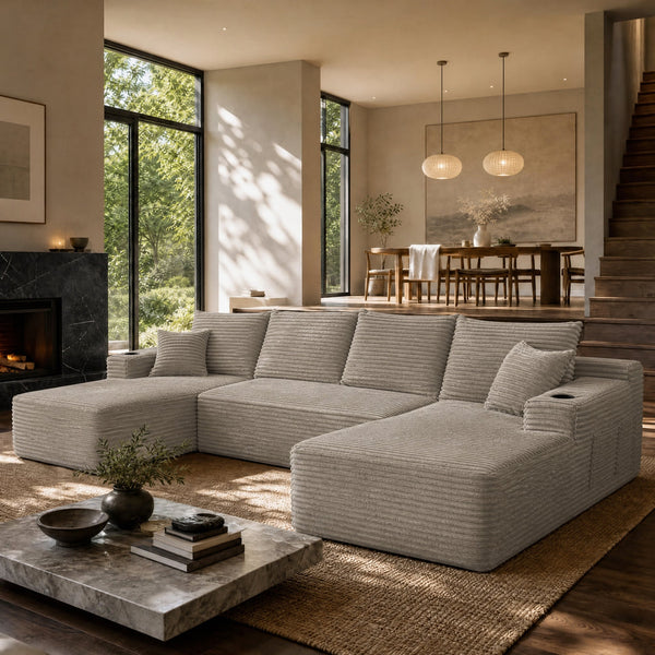 133" Cloud Sectional Sofa with U-Shape Chaise and Side Pockets and Cup holder , Modern Modular Design, Deep Seating, Upholstered Couch for Living Room/Bedroom, No Assembly Required (Plush)Camel
