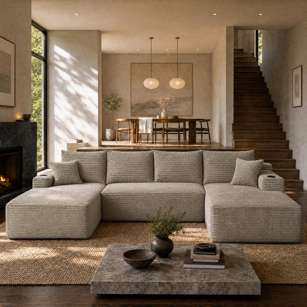 133" Cloud Sectional Sofa with U-Shape Chaise and Side Pockets and Cup holder , Modern Modular Design, Deep Seating, Upholstered Couch for Living Room/Bedroom, No Assembly Required (Plush)Camel, photo 2 of 10