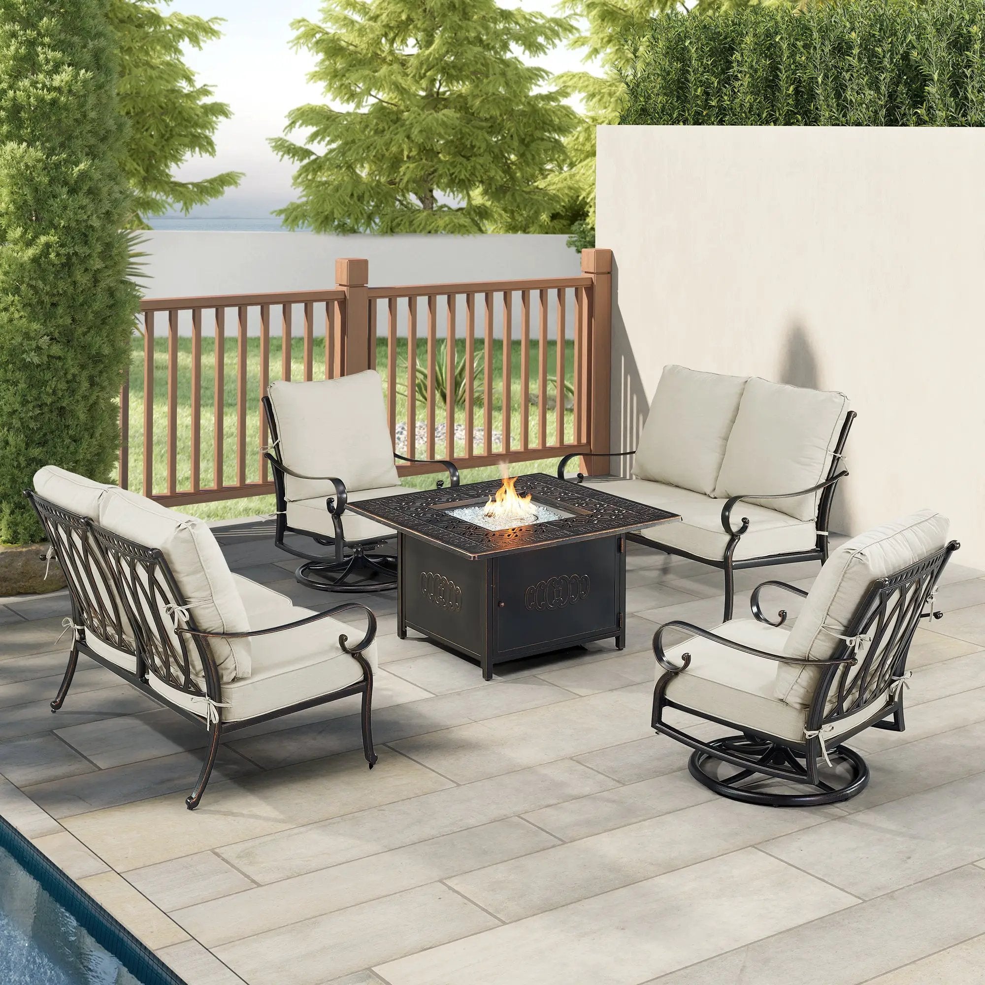 Black Aluminum Fire Table Set with Two Loveseats and Two Club Chairs by Sharicks