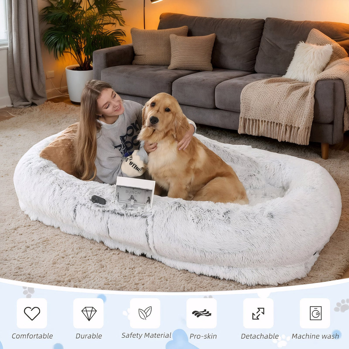Orthopedic Human Dog Bed with Washable Faux Fur Cover - Grey, photo 2 of 8