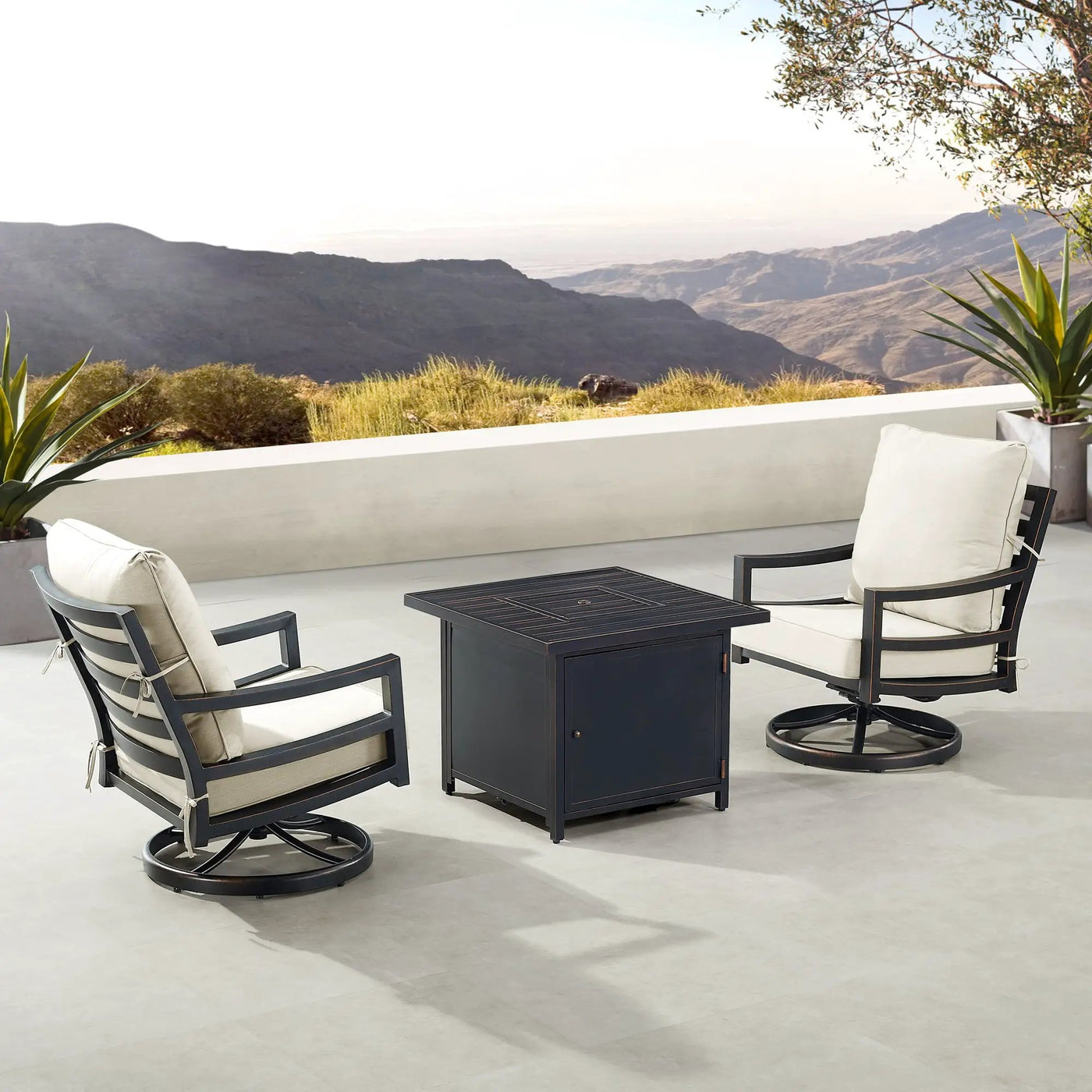 Black Aluminum Fire Table Bistro Set with Two Club Chairs by Sharicks