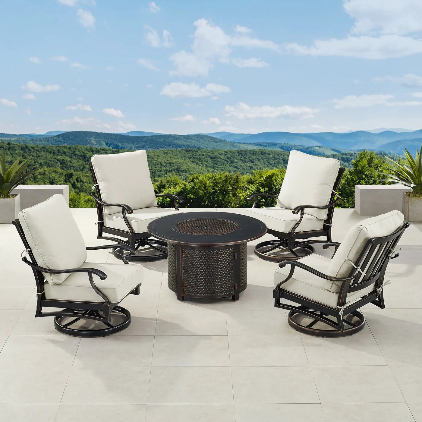 Black Aluminum Fire Table Set with Four Club Chairs by Sharicks