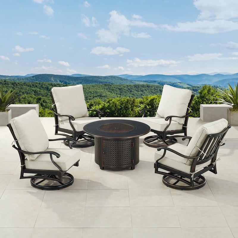 Black Aluminum Fire Table Set with Four Club Chairs by Sharicks
