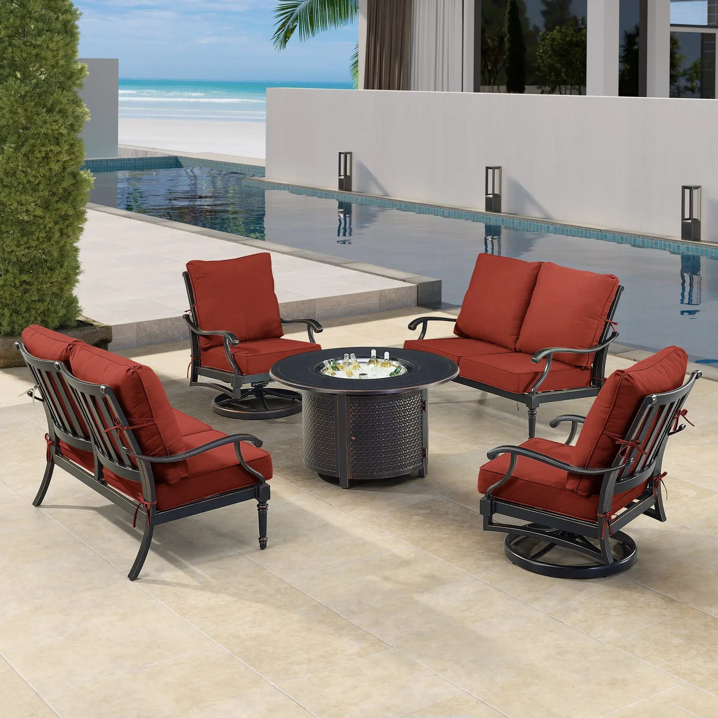 Black Aluminum Fire Table Set with Two Loveseats and Two Club Chairs by Sharicks