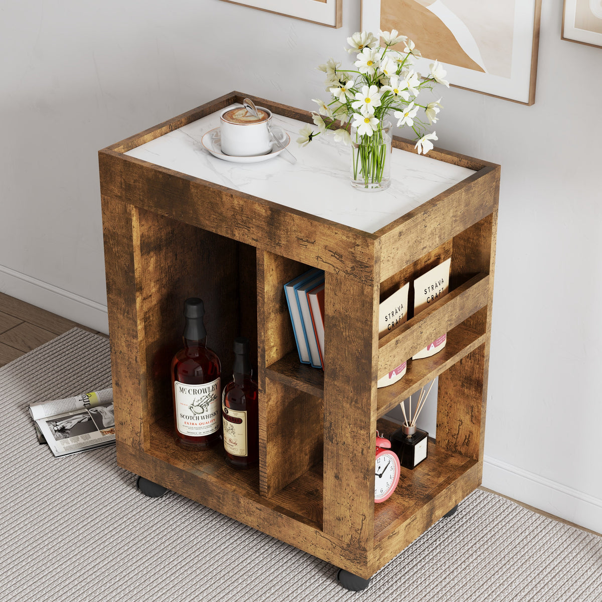 Mid-century Modern Movable Side Cabinet with Sliding Handle - Natural Rubberwood, photo 2 of 6
