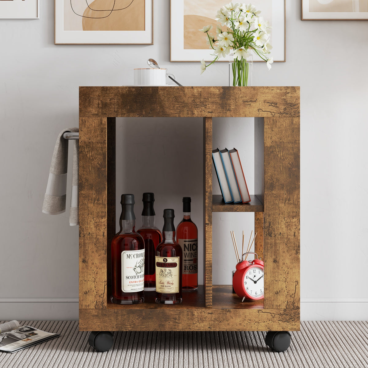 Mid-century Modern Movable Side Cabinet with Sliding Handle - Natural Rubberwood, photo 3 of 6