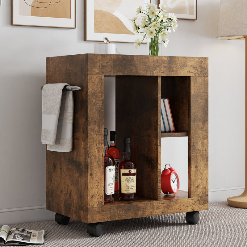 Mid-century Modern Movable Side Cabinet with Sliding Handle - Natural Rubberwood, photo 4 of 6