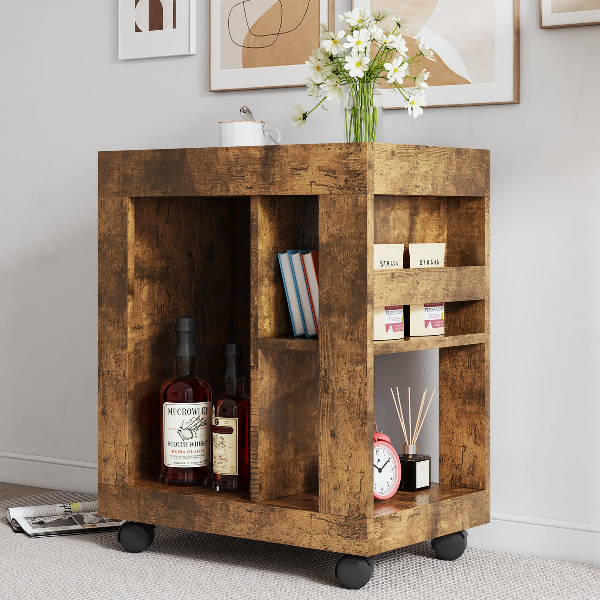 Mid-century Modern Movable Side Cabinet with Sliding Handle - Natural Rubberwood, photo 5 of 6