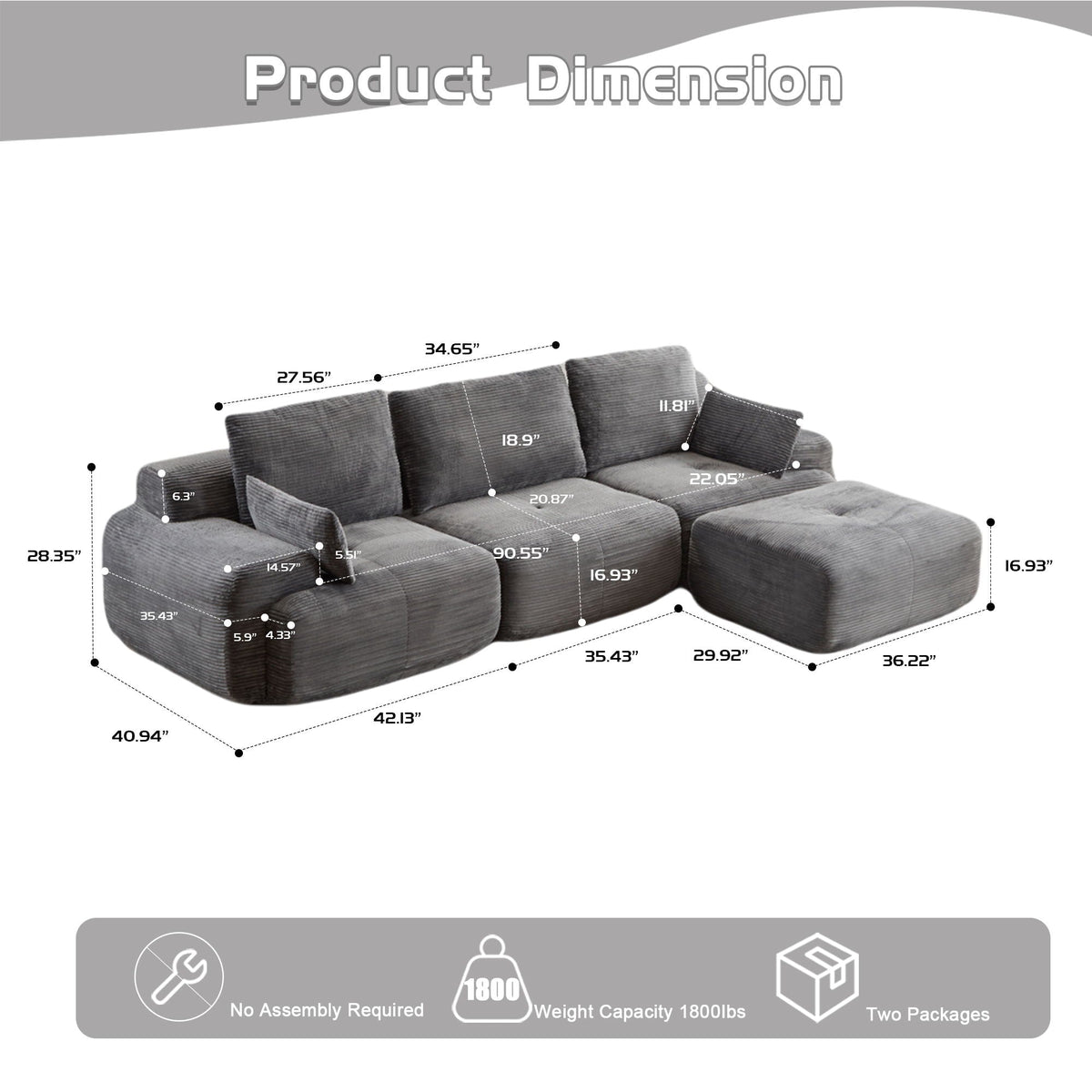 Large Fabric Sectional Sofa with Memory Foam Padding - Multiple Colors, photo 11 of 16