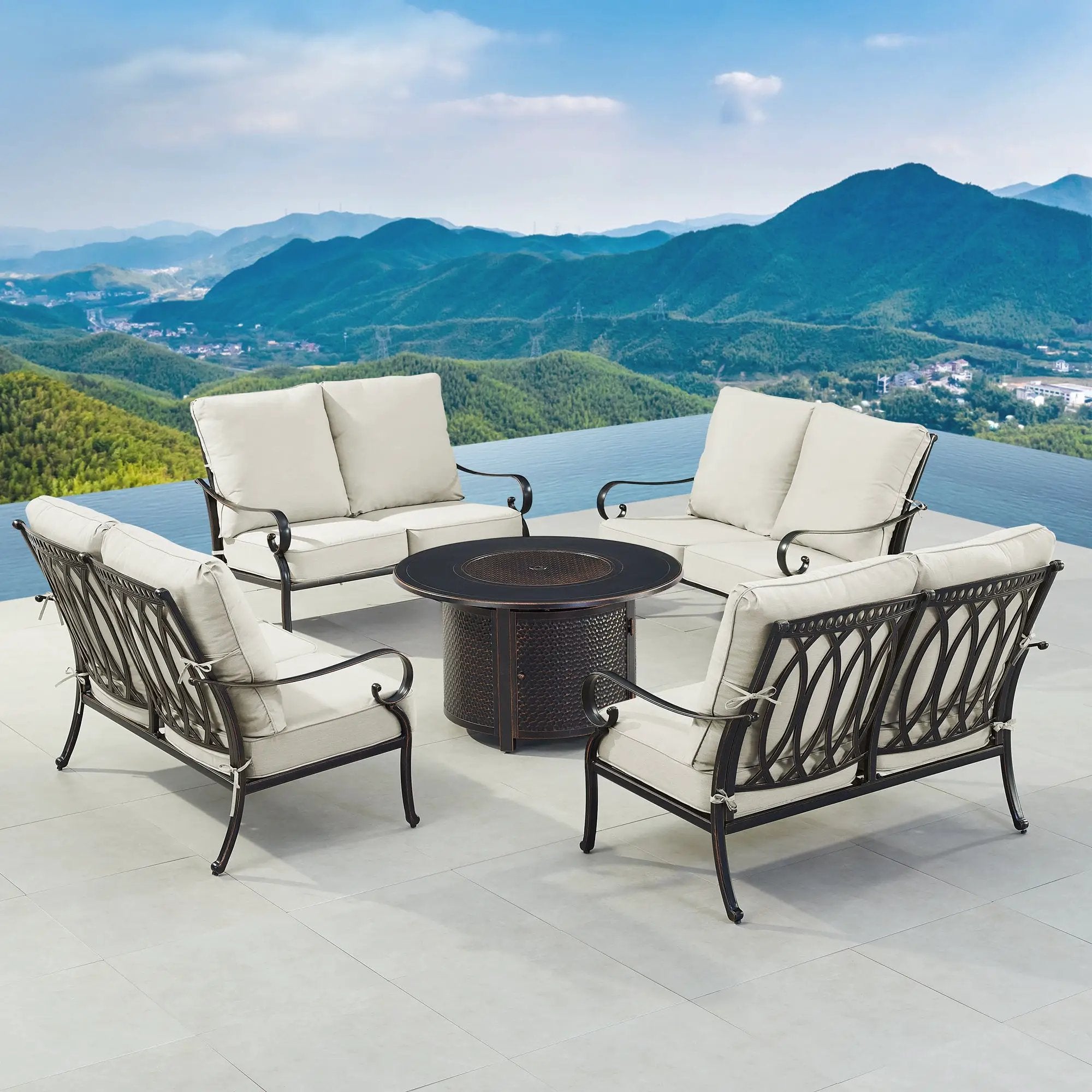 Black Aluminum Fire Table Set with Four Deep Seating Loveseats by Sharicks