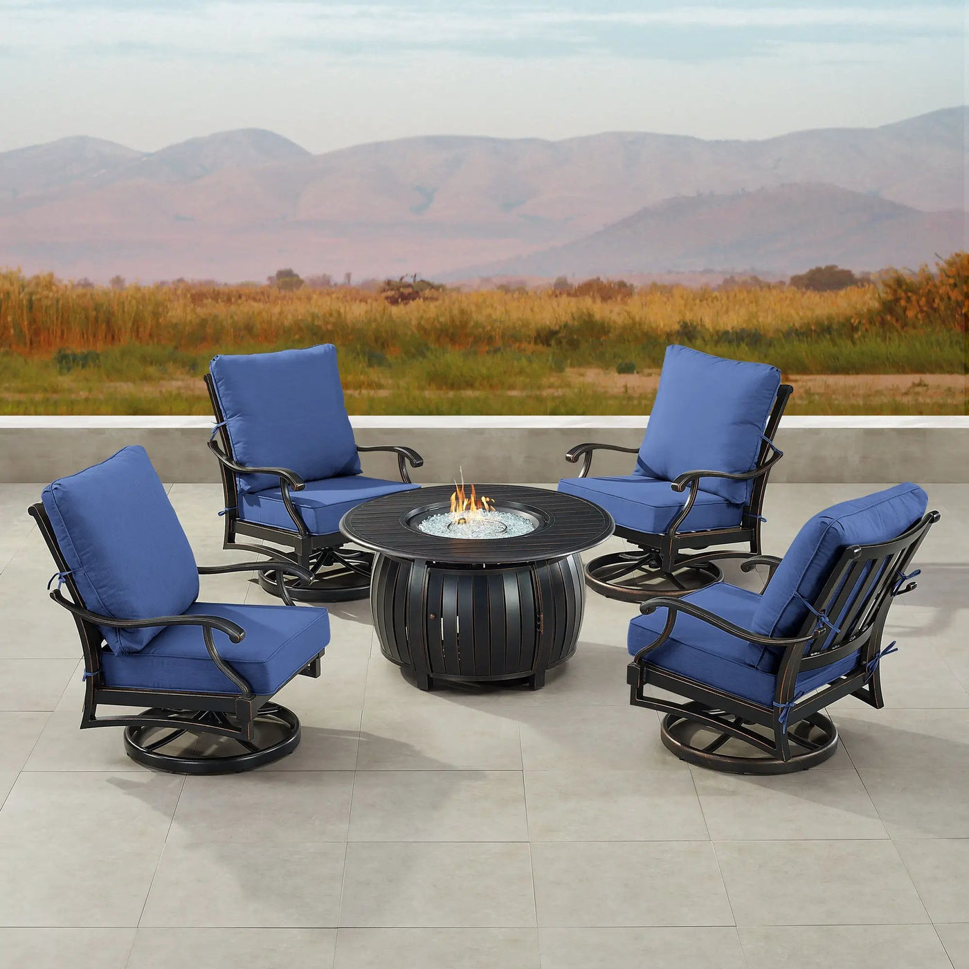 Black Aluminum Fire Table Set with Four Club Chairs by Sharicks