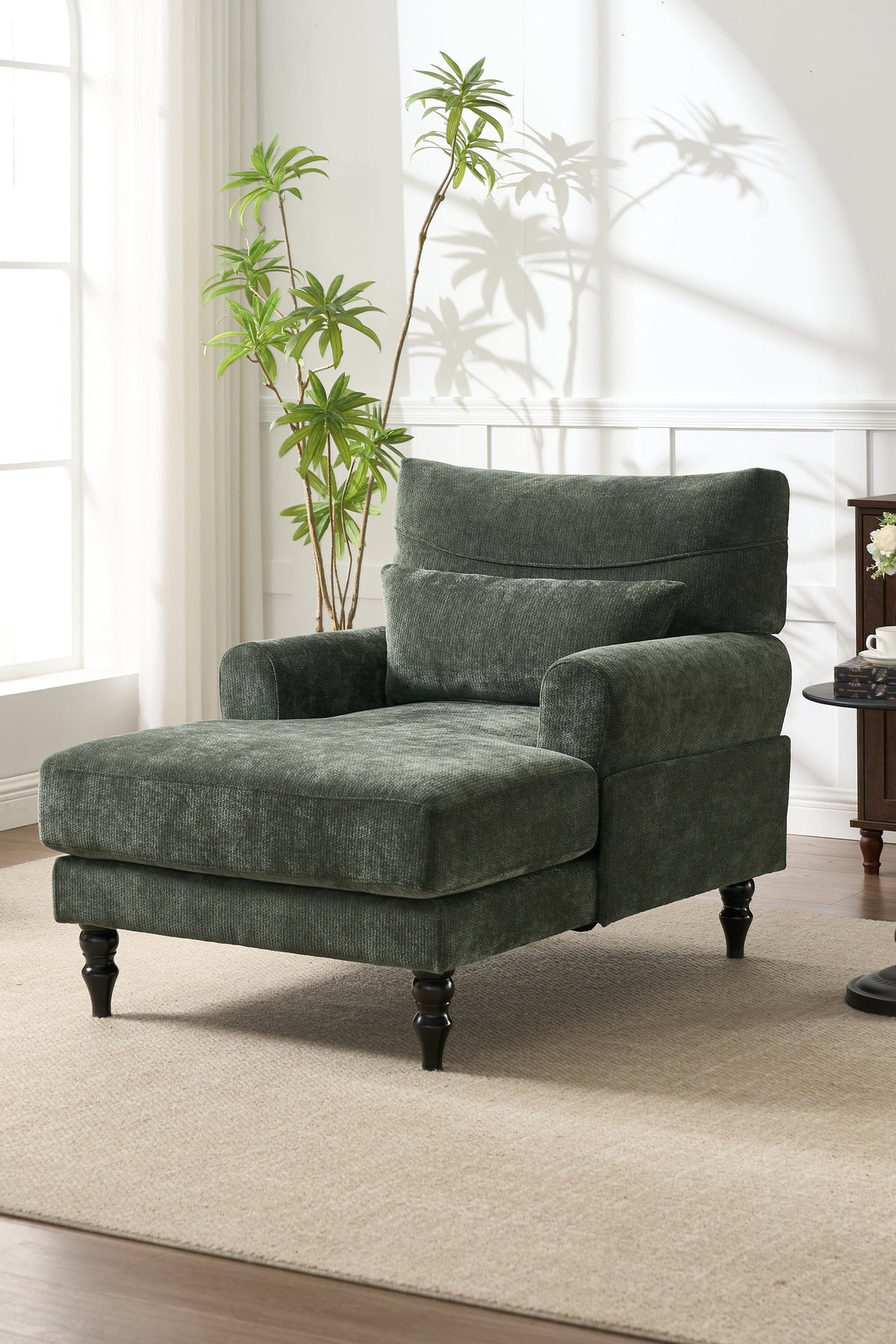 Modern Green Chaise Lounge Upholstered Sofa Recliner Chair with Solid Wood Frame, photo 10 of 12