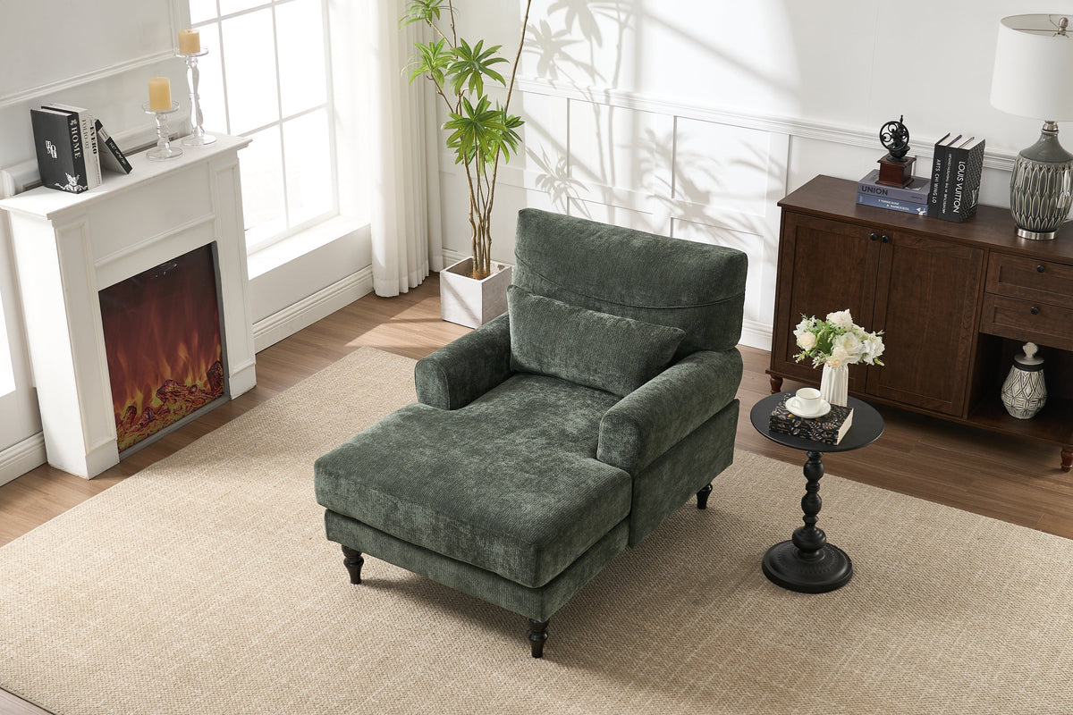 Modern Green Chaise Lounge Upholstered Sofa Recliner Chair with Solid Wood Frame, photo 2 of 12