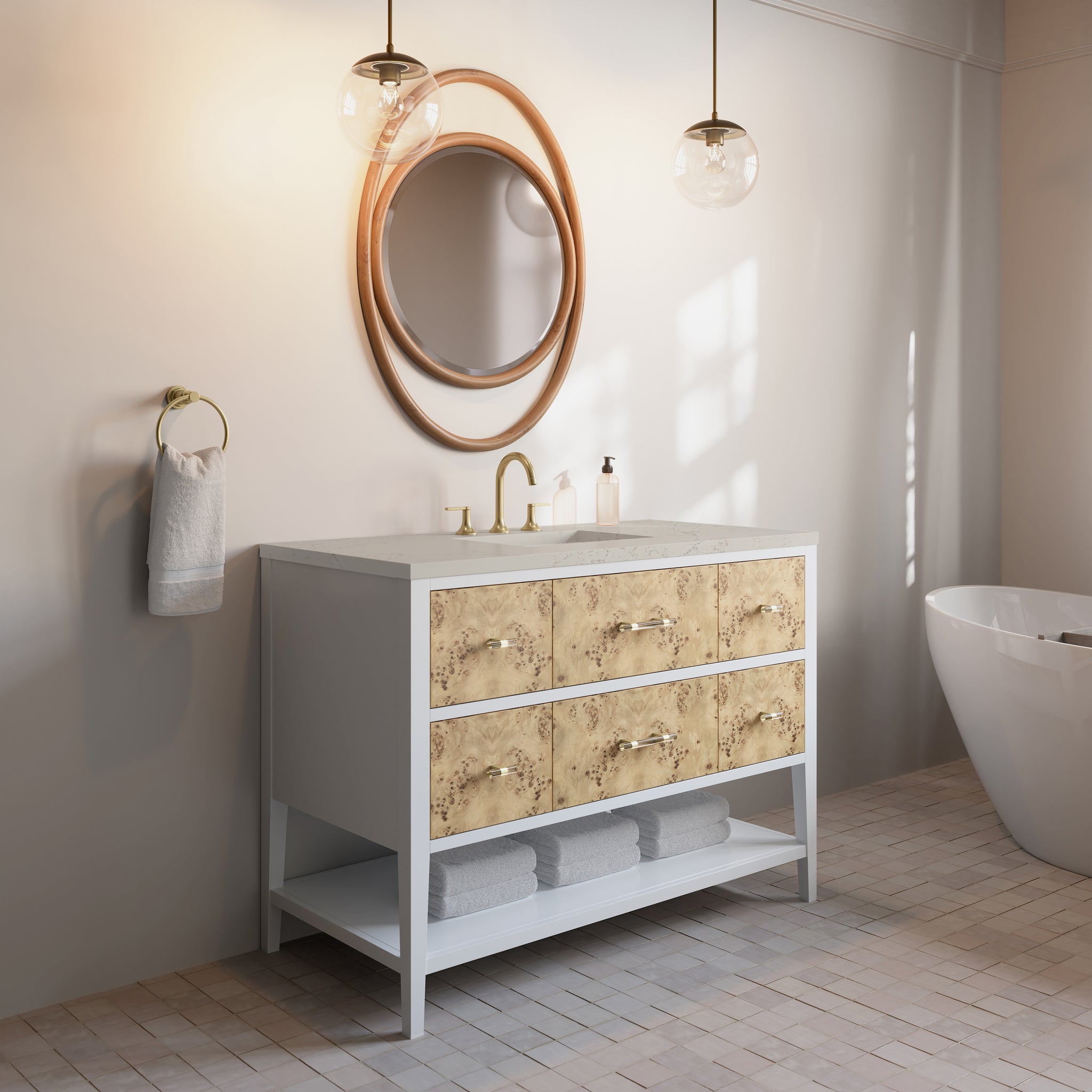James Martin Olena 48" Single Bathroom Vanity, Polished White and Light Mappa Burl, view 29