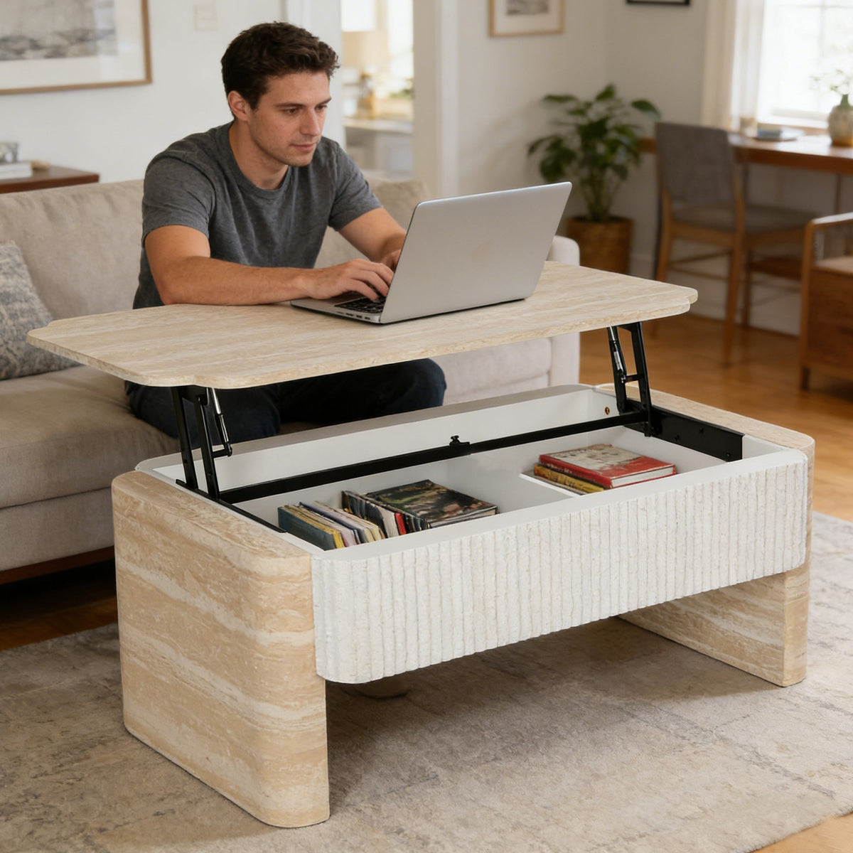 Lift Top Coffee Table, Modern Extendable Wooden Desk with Hidden Storage, Beige
