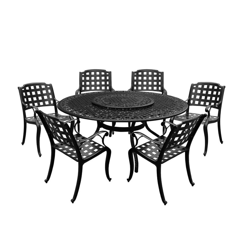 Aluminum 7pc Black Round Patio Dining Set, Lazy Susan, Six Chairs by Sharicks