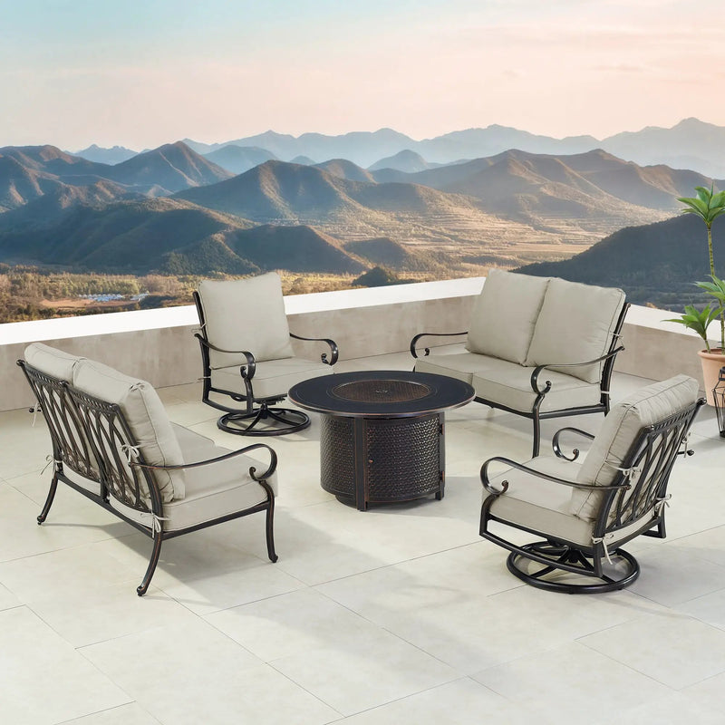 Black Aluminum Fire Table Set with Two Loveseats and Two Club Chairs by Sharicks
