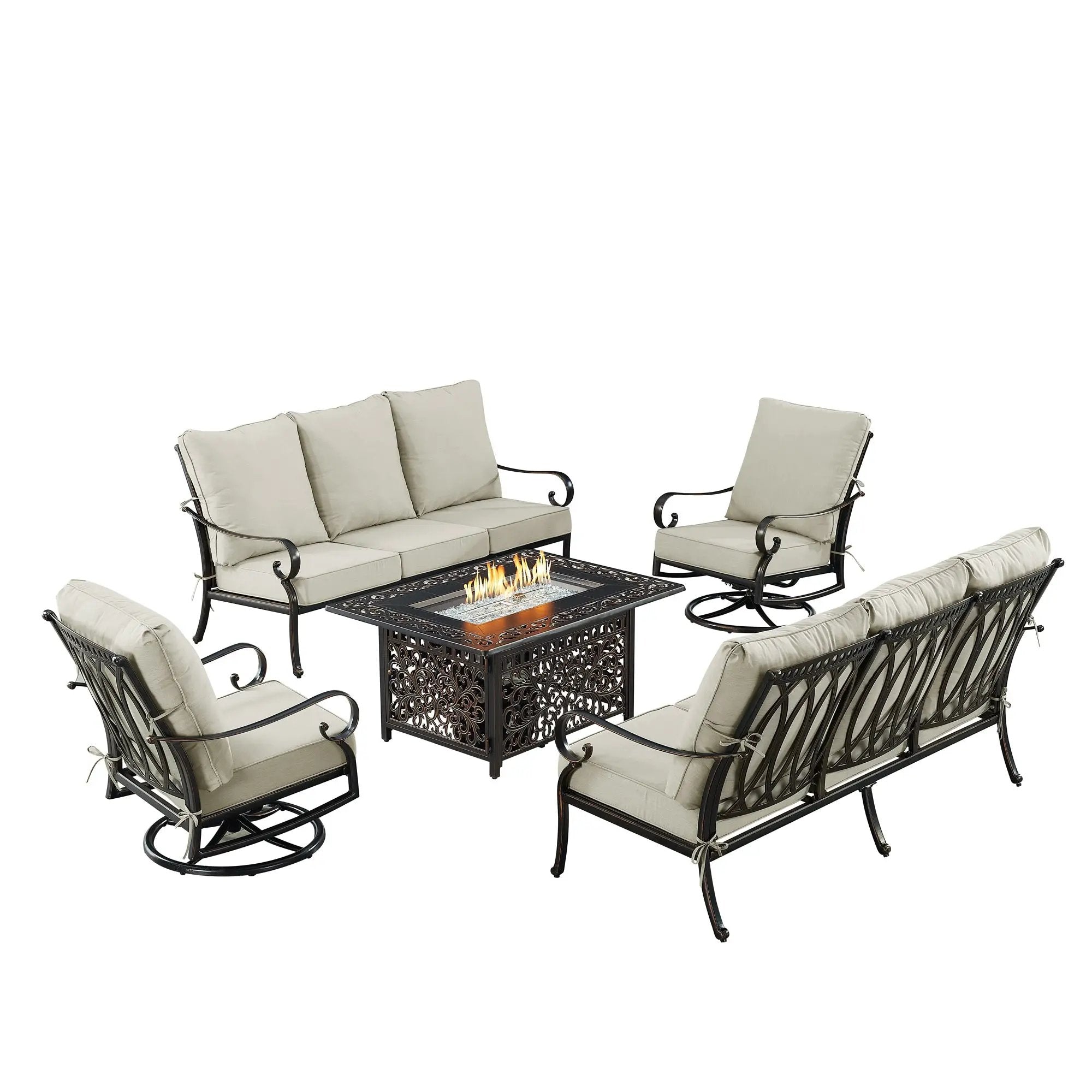 Black Aluminum Fire Table Set with Two Sofas and Two Club Chairs by Sharicks