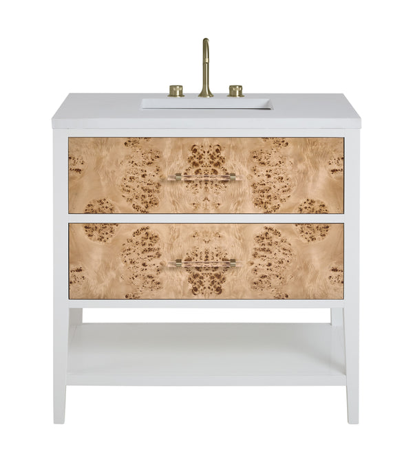 James Martin Olena 36" Single Bathroom Vanity, Polished White and Light Mappa Burl