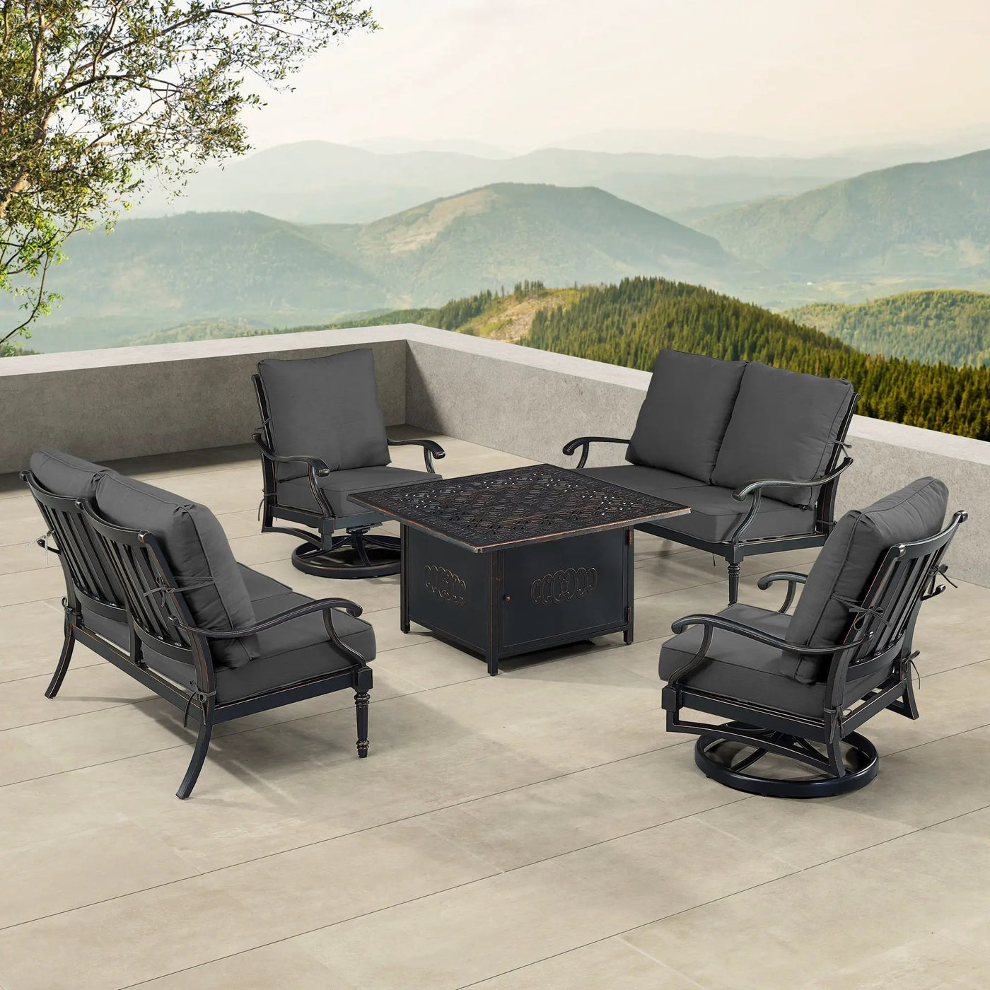 Black Aluminum Fire Table Set with Two Loveseats and Two Club Chairs by Sharicks