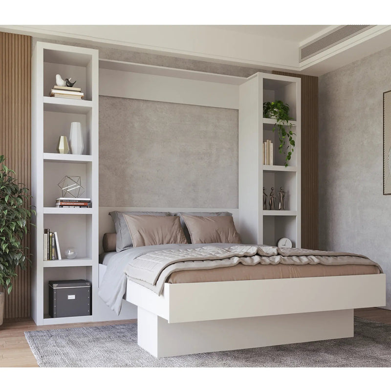 Easy-Lift Queen Murphy Wall Bed in White with Two Bookshelves by Sharicks