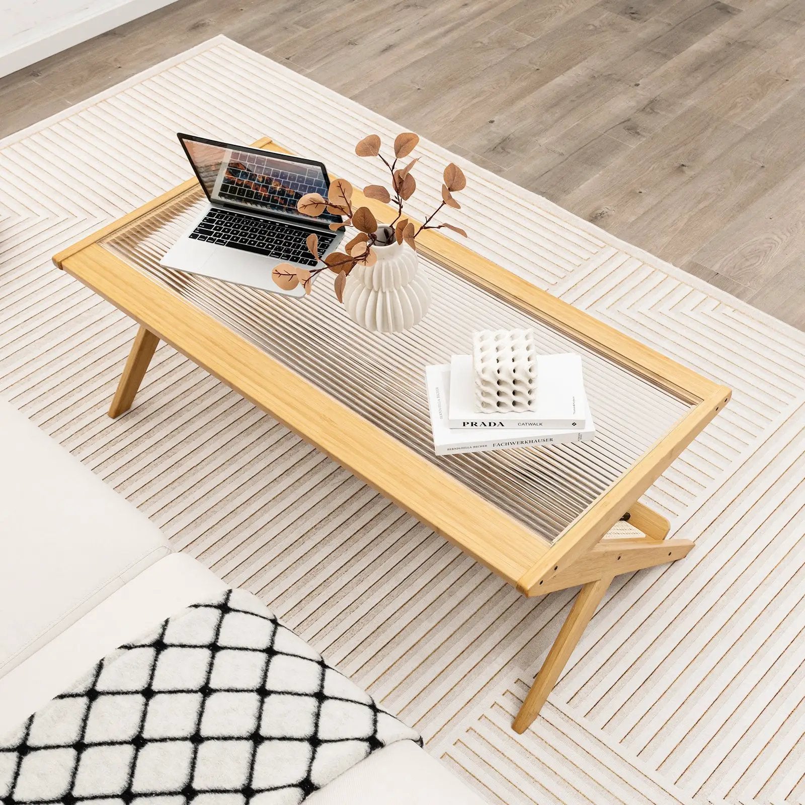 Z-Shaped Handwoven Bamboo Coffee Table with Tempered Glass Top-Natural by DirectDeals