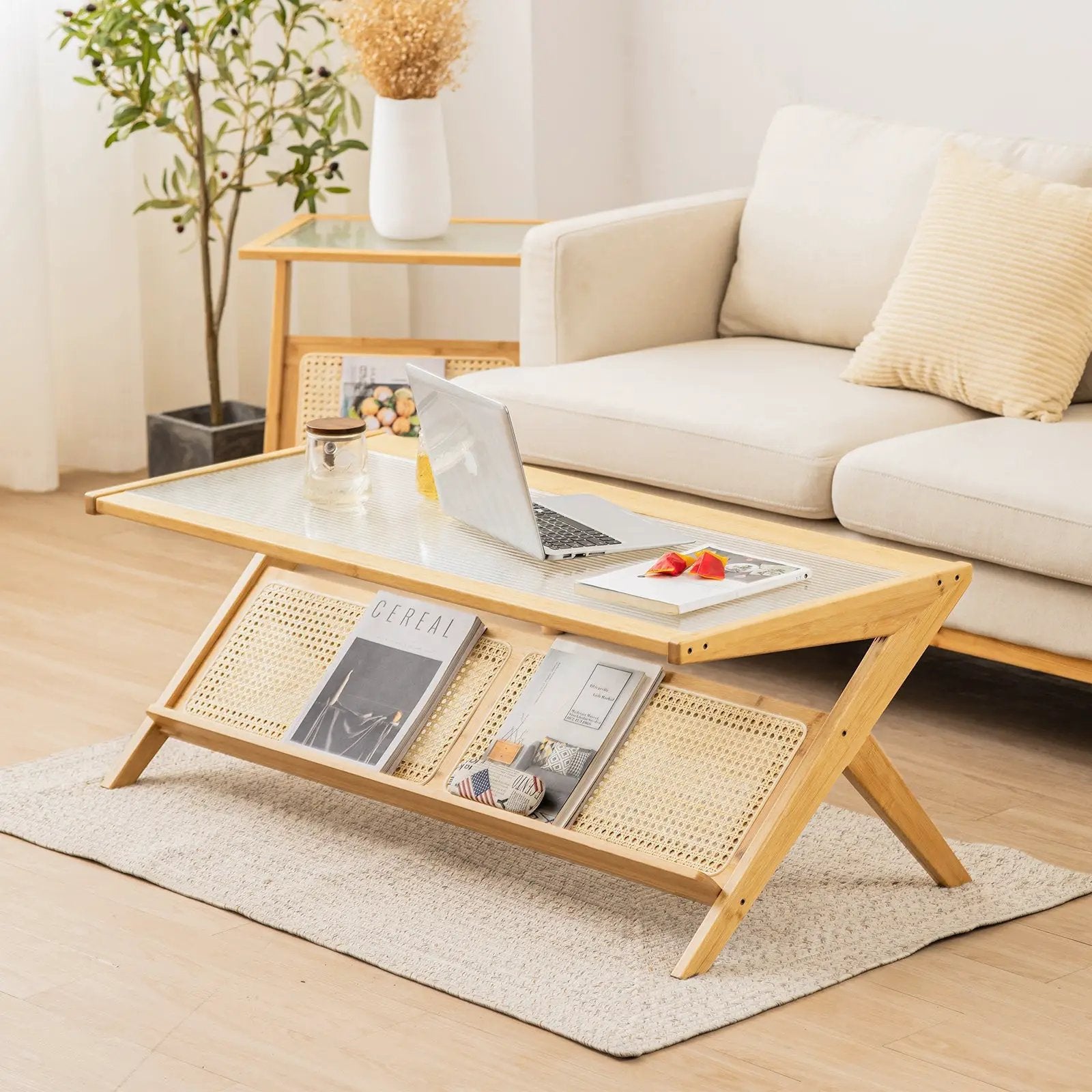 Z-Shaped Handwoven Bamboo Coffee Table with Tempered Glass Top-Natural by DirectDeals