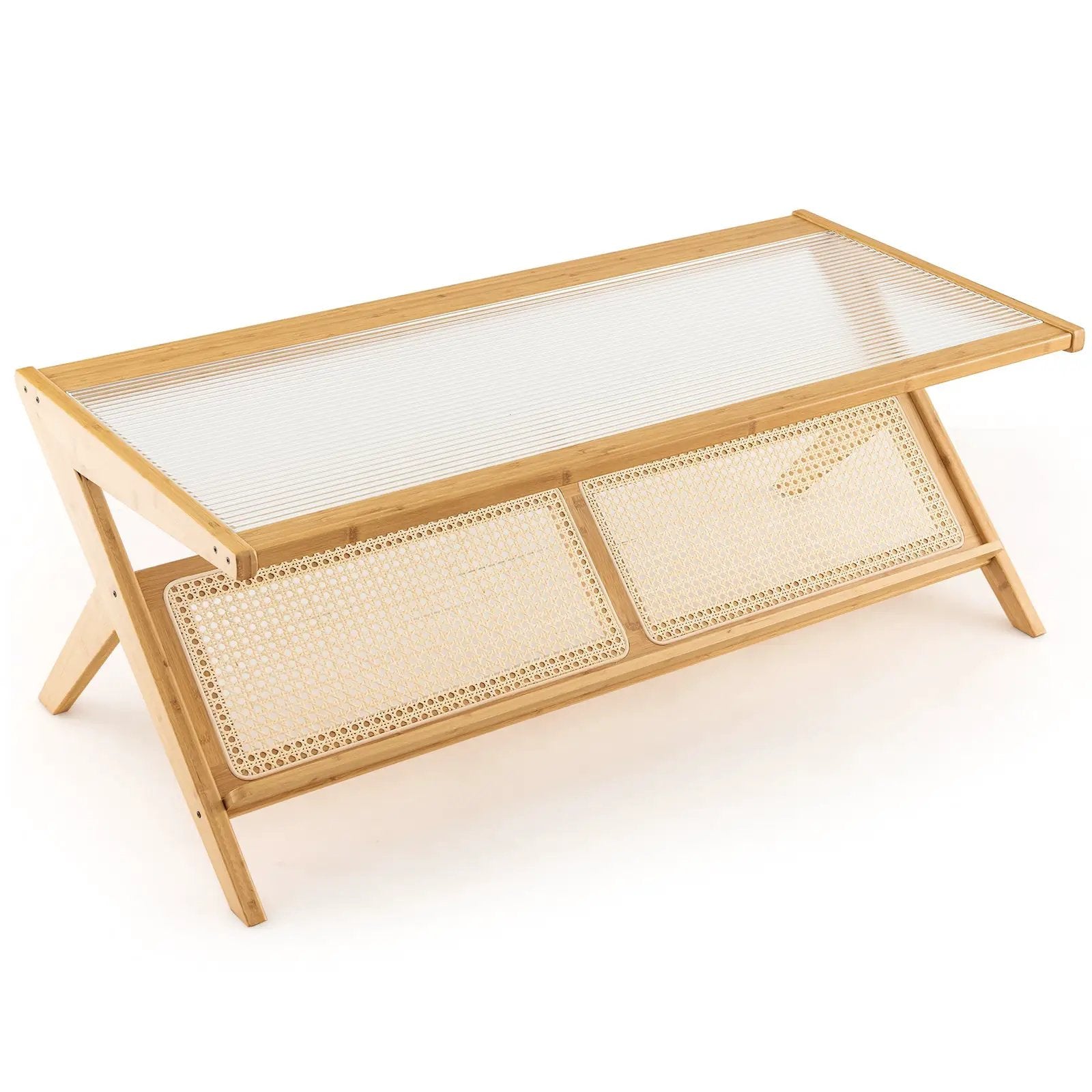 Z-Shaped Handwoven Bamboo Coffee Table with Tempered Glass Top-Natural by DirectDeals